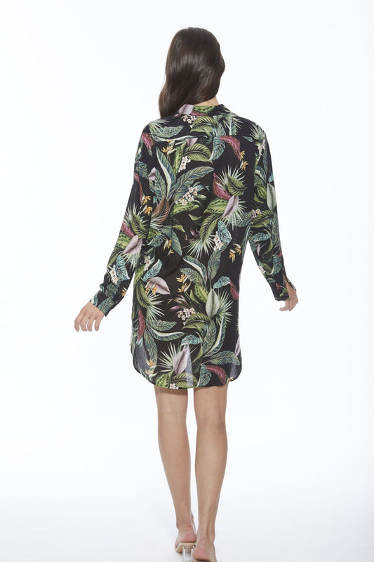 "Exotic Leaves Black: Shirt Dress"